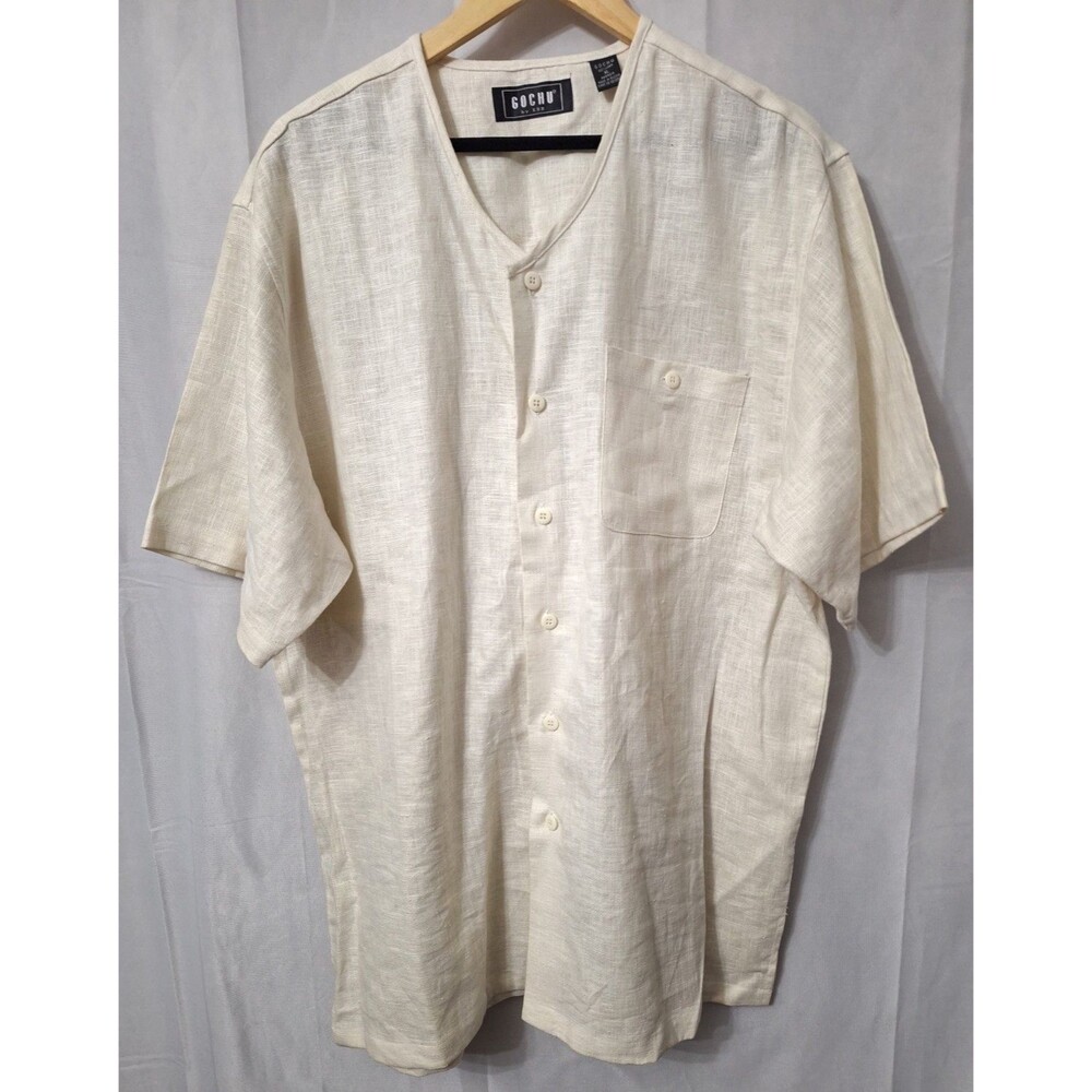 Vintage 70's GOCHU 100% Linen Button Up Shirt Men XL Short Sleeve Coastal Resort